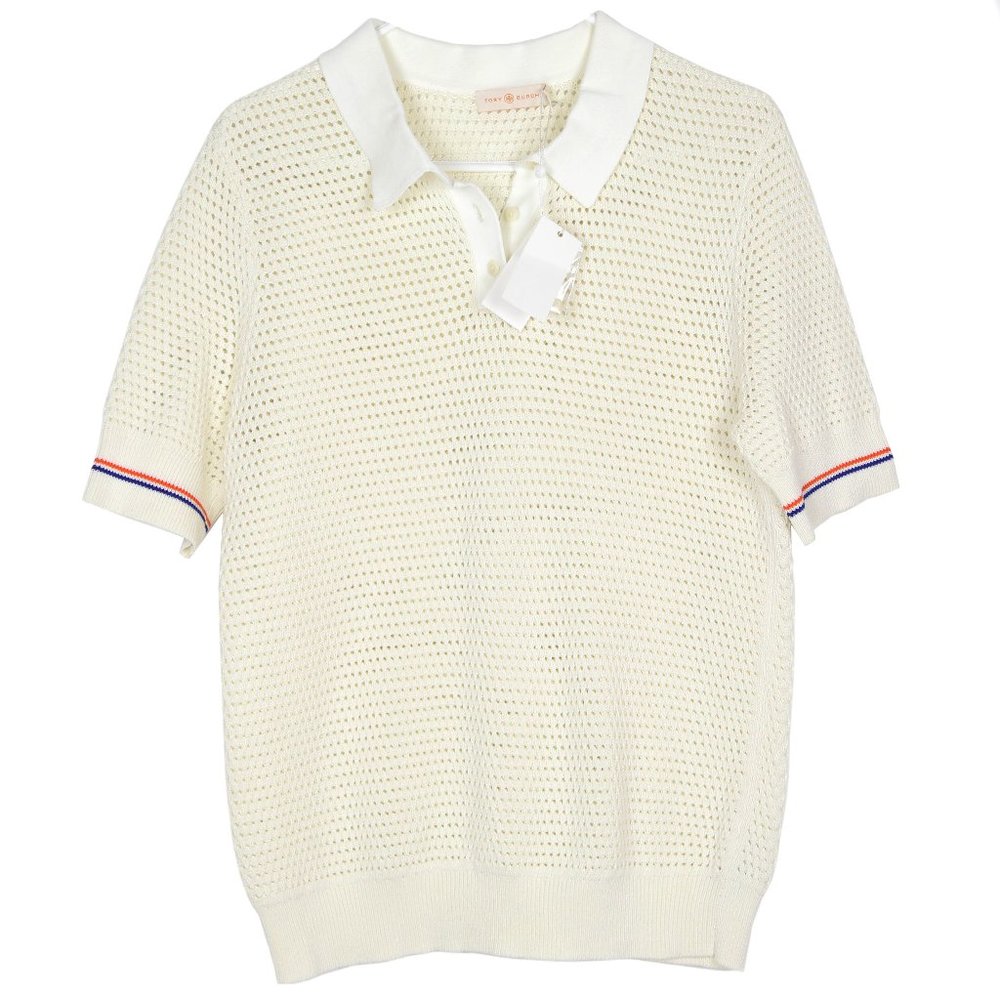 NEW NWT Tory Burch Mesh Knit Polo Retro Preppy Sweater XL Ivory Collared